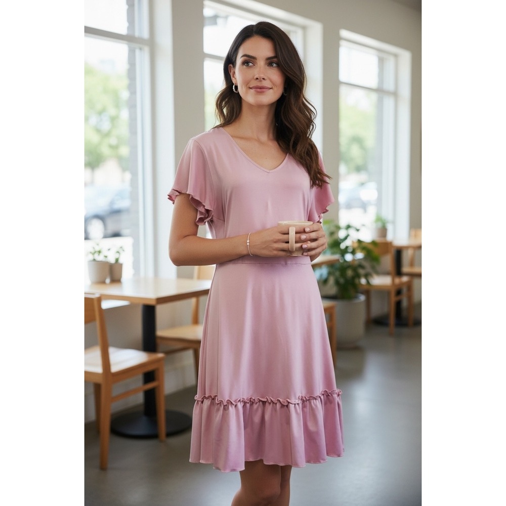 Alredine‎ Pink Ruffle V Neck Short Sleeve Midi Dress Women's Size M